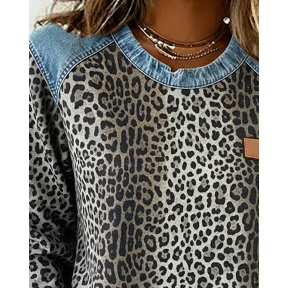 Women's Leopard Print Sweatshirt with Denim Patchwork in grey, neckline close-up