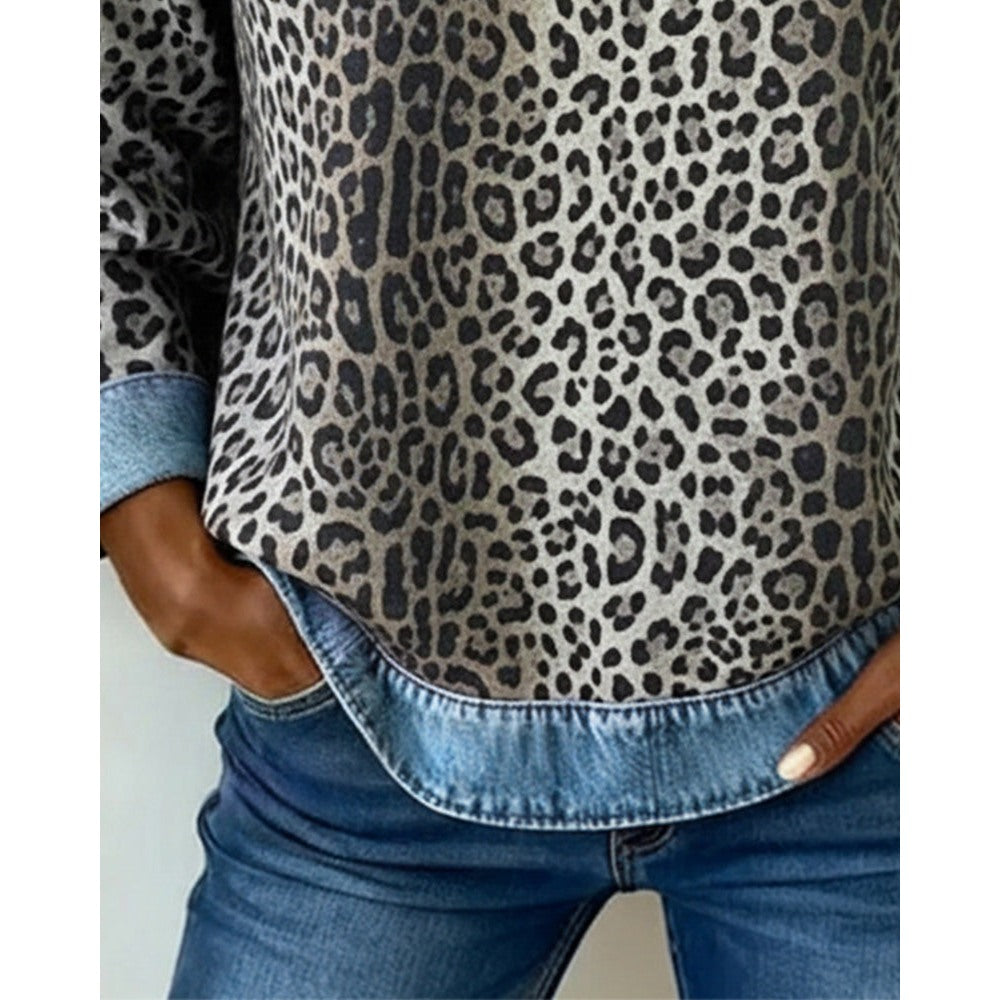 Women's Leopard Print Sweatshirt with Denim Patchwork in grey, print and hem close-up