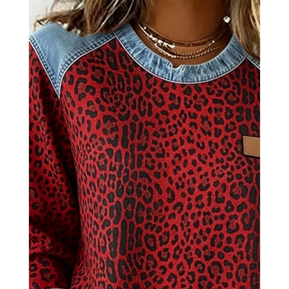 Women's Leopard Print Sweatshirt with Denim Patchwork in red, neckline close-up
