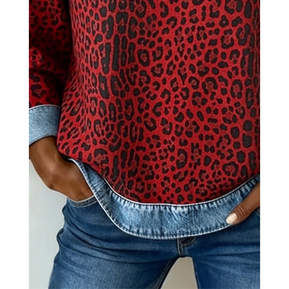 Women's Leopard Print Sweatshirt with Denim Patchwork in red, print and hem close-up