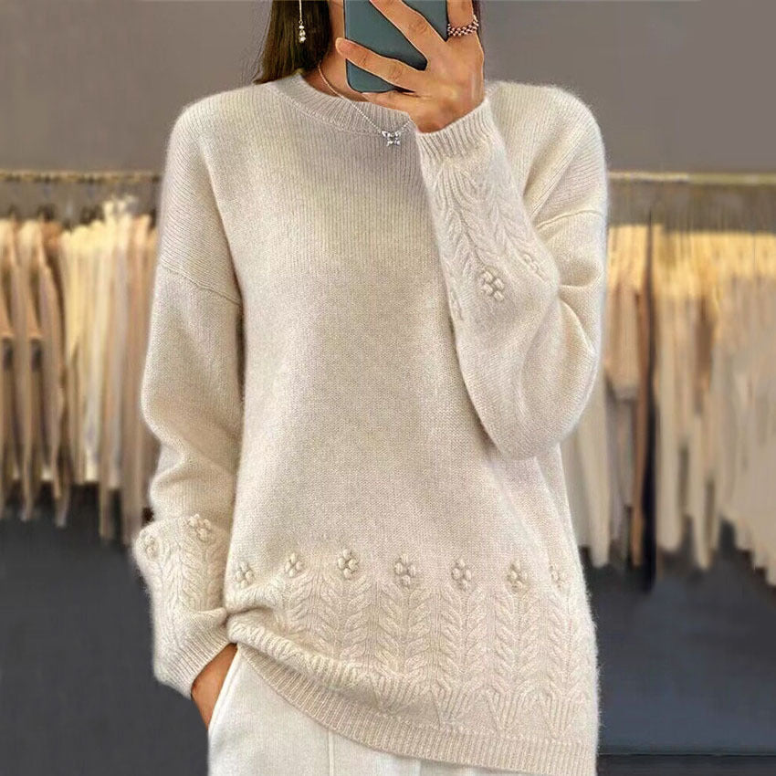Women's Flower Pattern Knit Sweater in beige