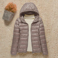 Women's Lightweight Hooded Puffer Jacket in taupe