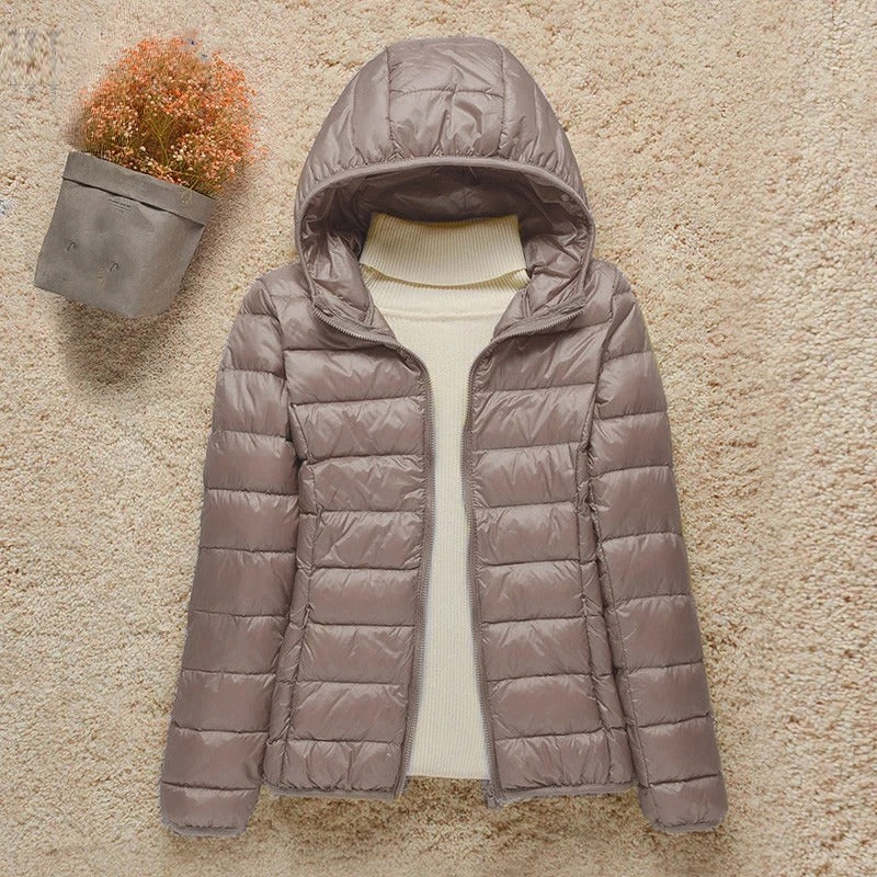 Women's Lightweight Hooded Puffer Jacket in taupe