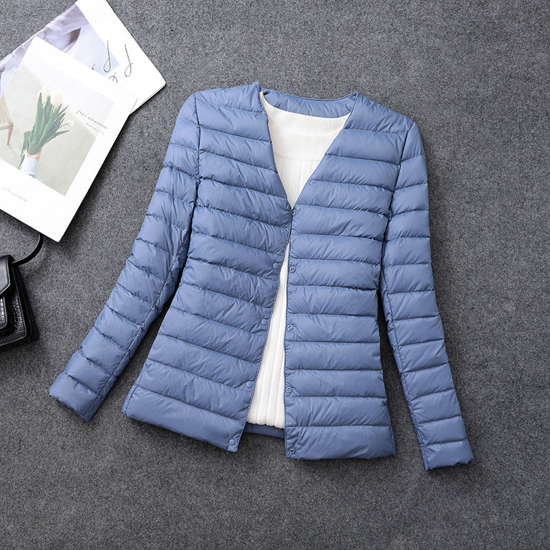 Women's lightweight quilted jacket in mist blue – flat view
