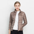 Women's Stand Collar Puffer Jacket in taupe