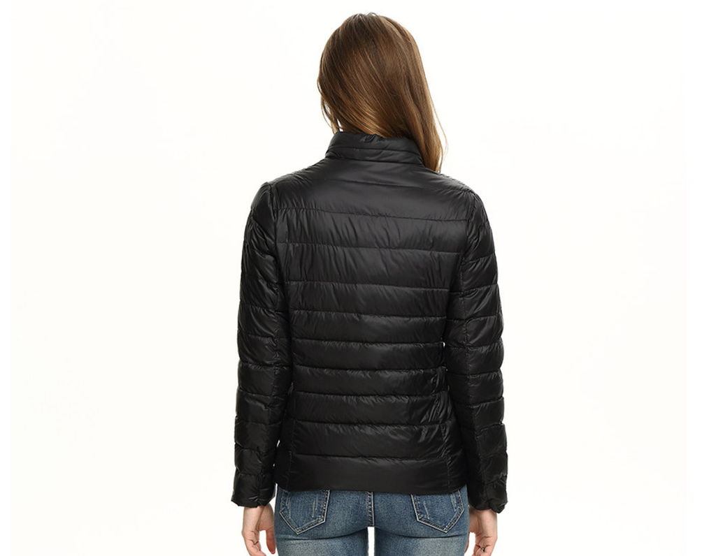 Women's stand collar puffer jacket in black – back view