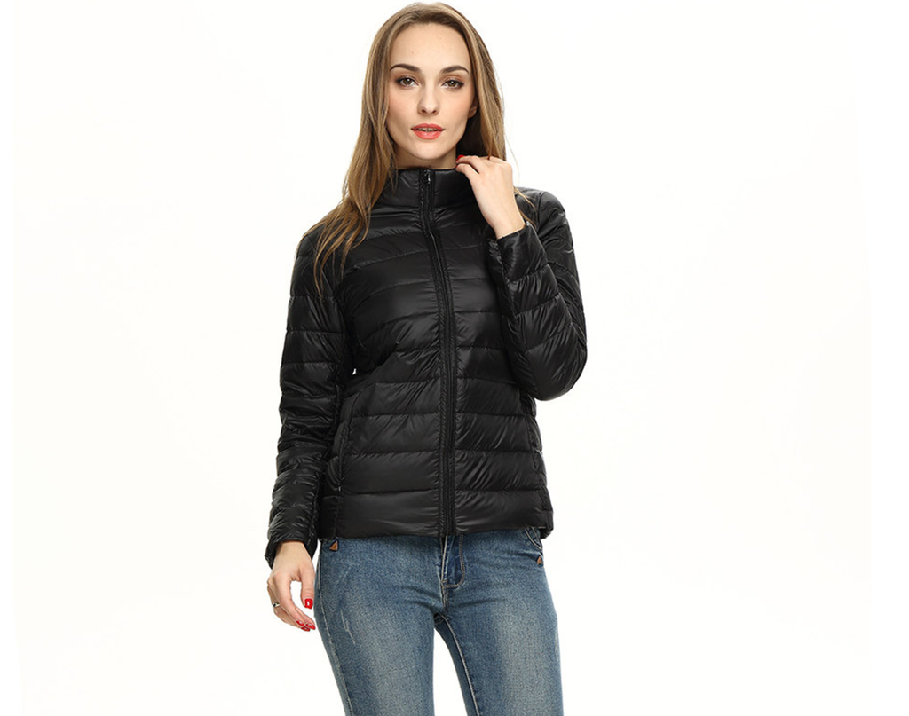 Women's stand collar puffer jacket in black – full look