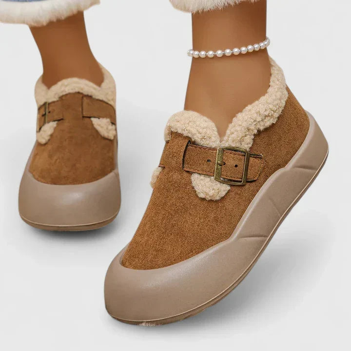 Women's teddy collar slip-on shoes in brown – top view