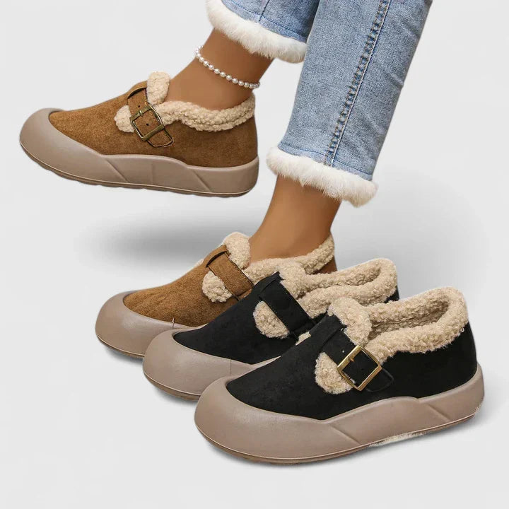 Women's teddy collar slip-on shoes in black and brown – worn