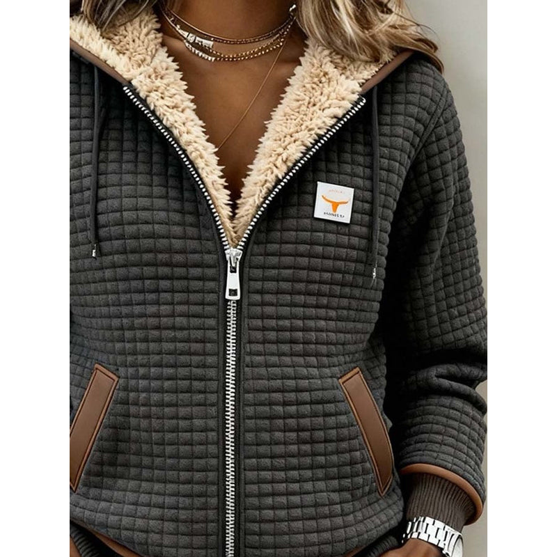 Women's lined zip jacket with hood in grey – front view, open