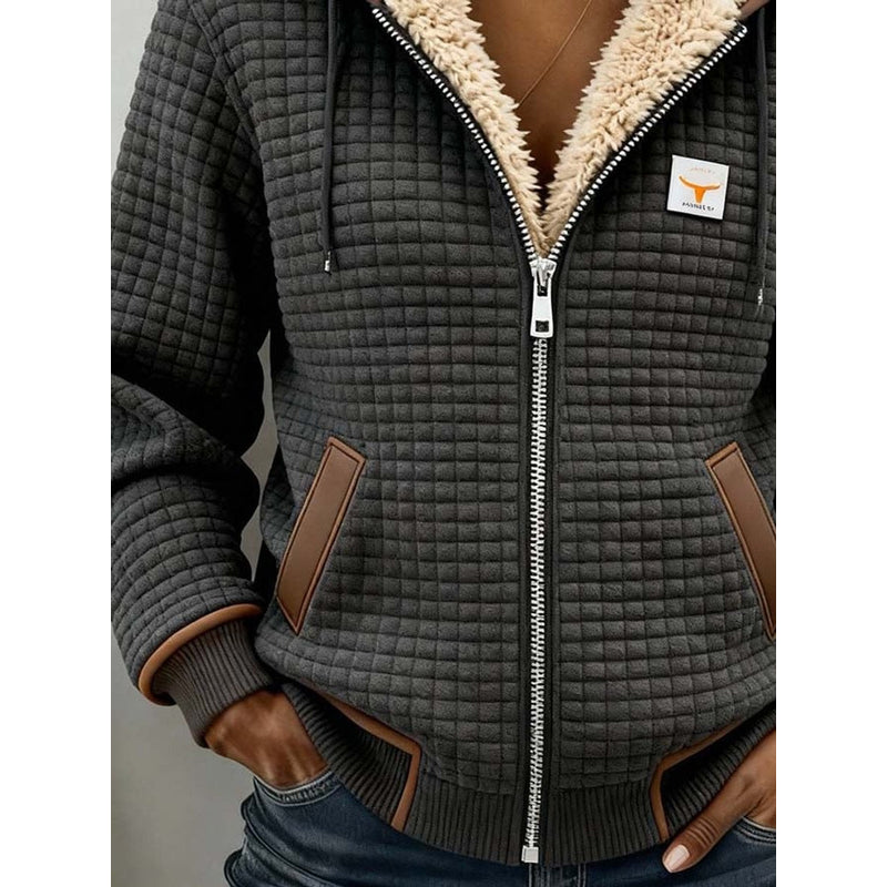 Women's lined zip jacket with hood in grey – close-up of the front