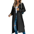 Women's long belted trench coat in black – front view