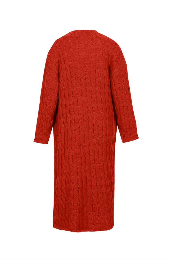 Women's long cable knit cardigan in red – laid flat
