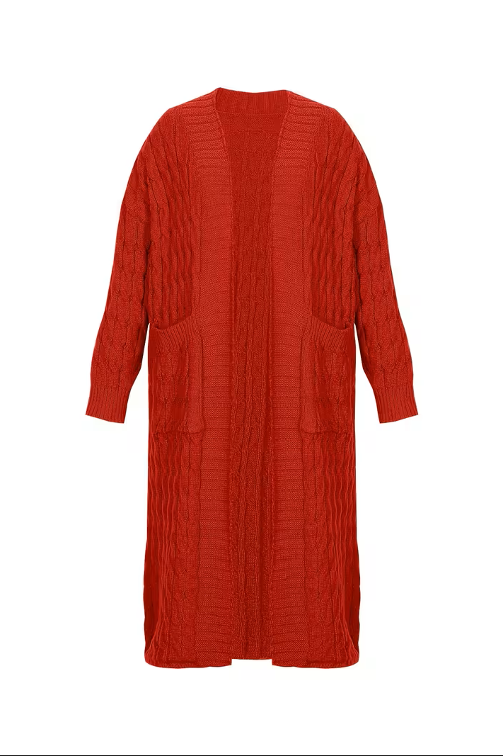 Women's long cable knit cardigan in red – back laid flat