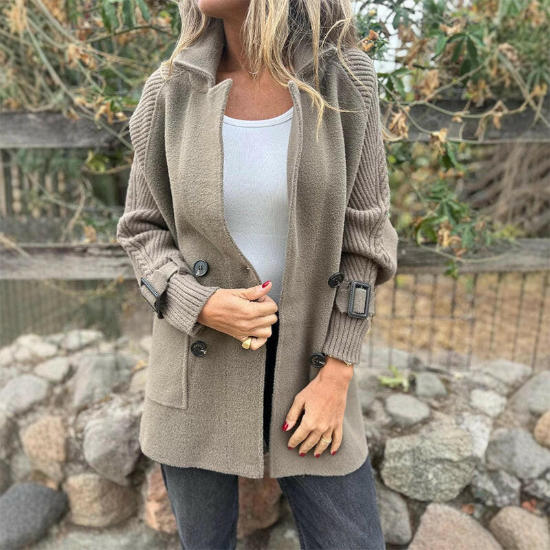 Women's Long Coat with Knit Sleeves and Lapels in 3 Colors for Cool Days