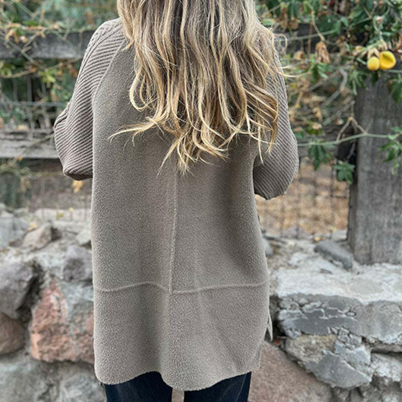 Women's knit sleeve long coat in taupe – back view