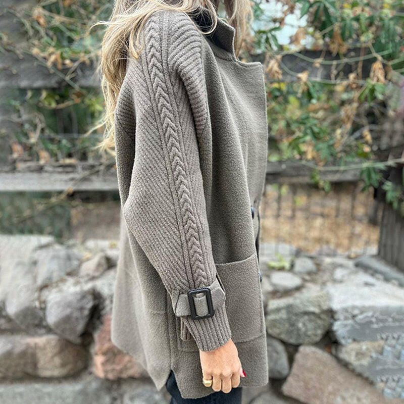 Women's knit sleeve long coat in taupe – back with knit sleeves