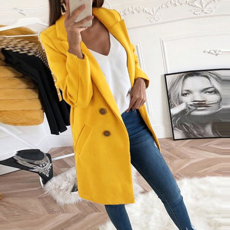 Women's Long Coat with Lapels and Button Front in 10 Colors