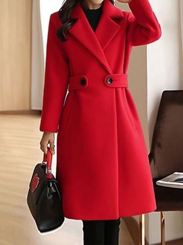 Women's long belted lapel coat in red – front view