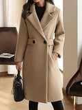 Women's Long Belted Lapel Coat in beige