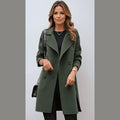 Women's long double-breasted coat in dark green – front view