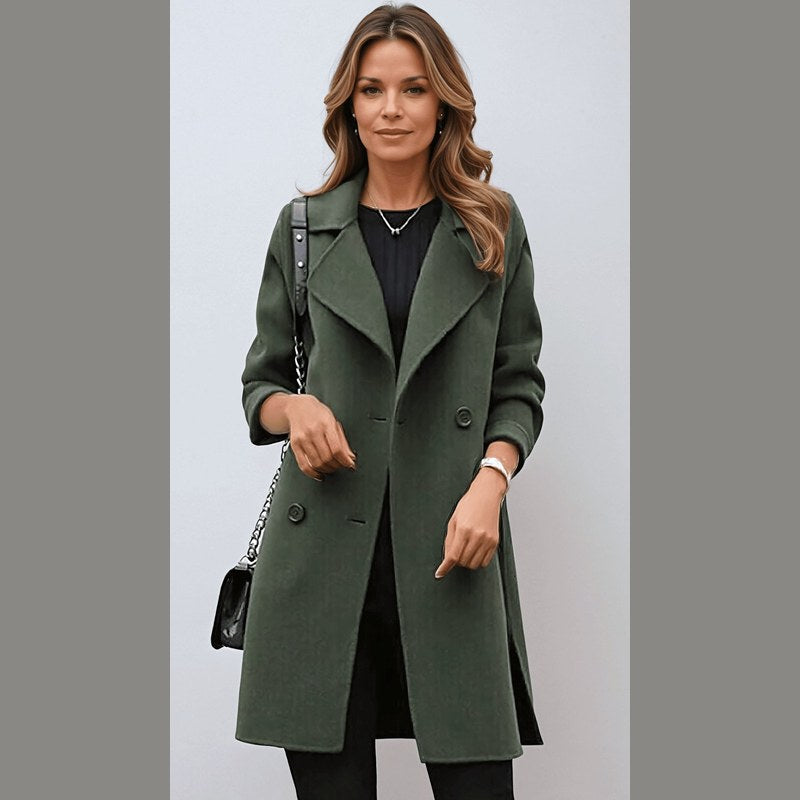 Women's long double-breasted coat in dark green – front view