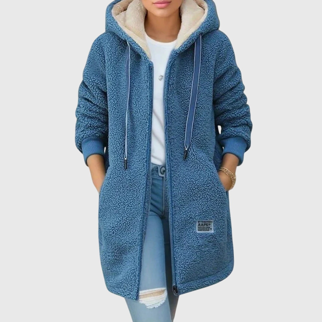Women's Long Hooded Fleece Jacket in blue