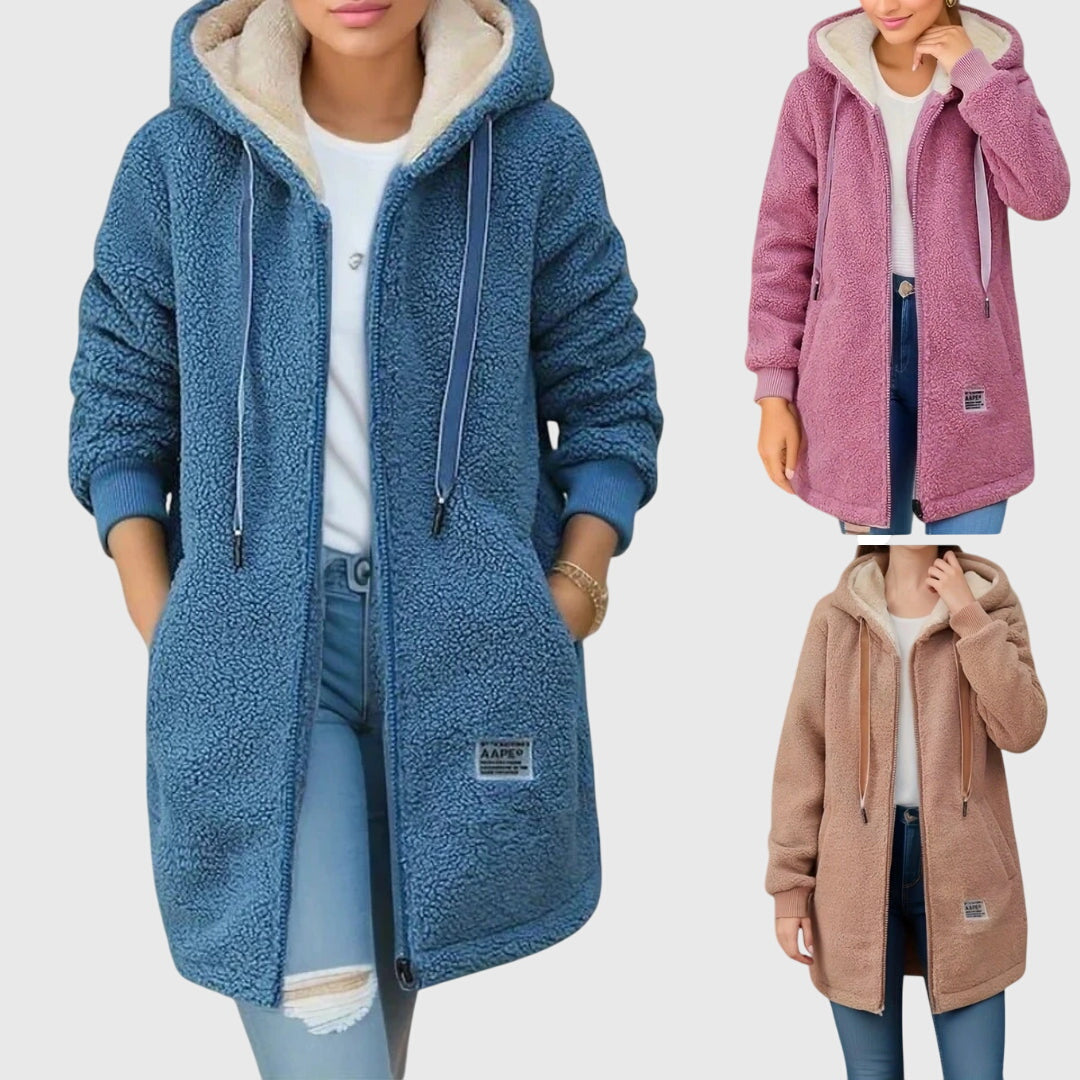 Women's long hooded fleece jacket in blue, pink and light brown