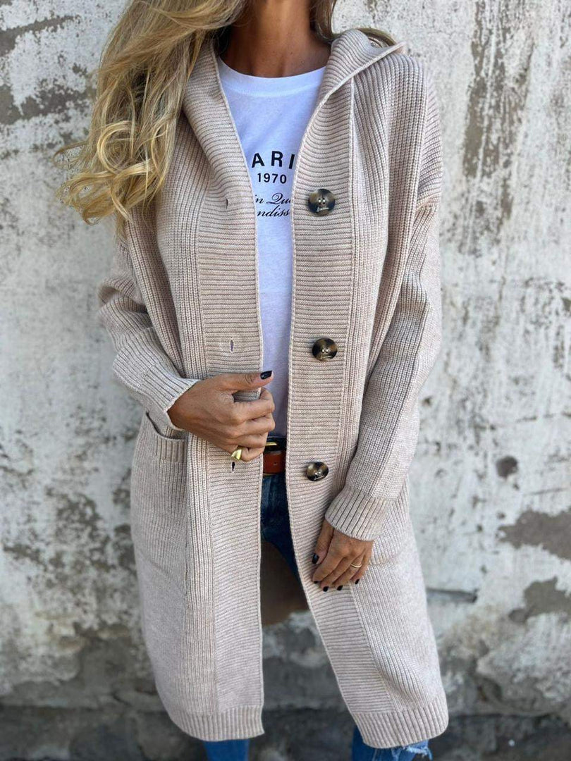 Women's Long Hooded Knit Cardigan with Buttons and Pockets in 4 Colors