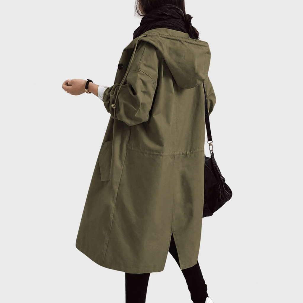 Women's long hooded button parka in army green – side view