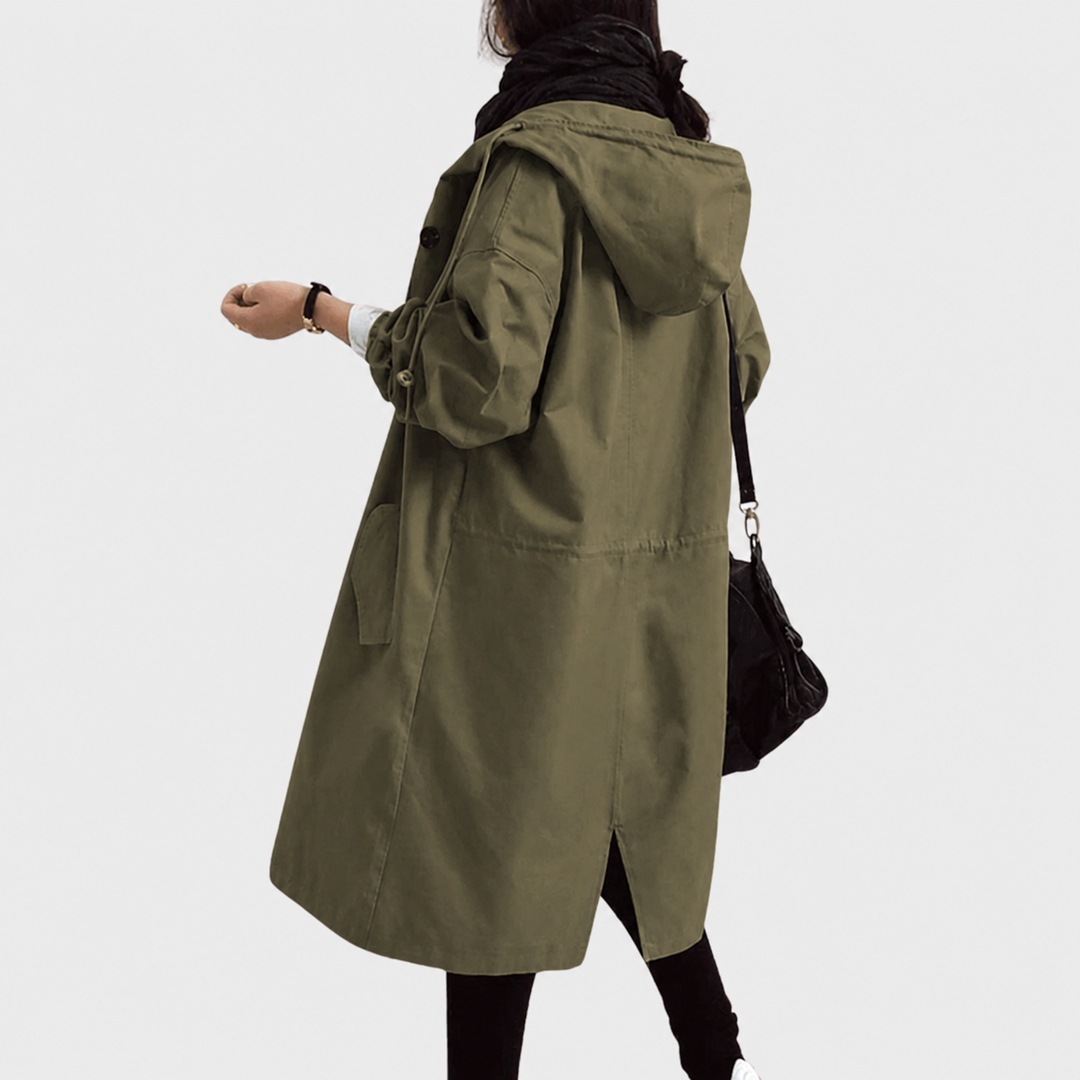 Women's long hooded button parka in army green – side view
