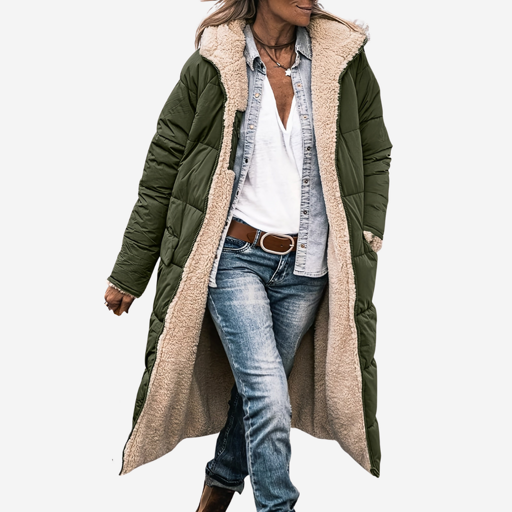 Women's long teddy lined puffer coat in green – worn open