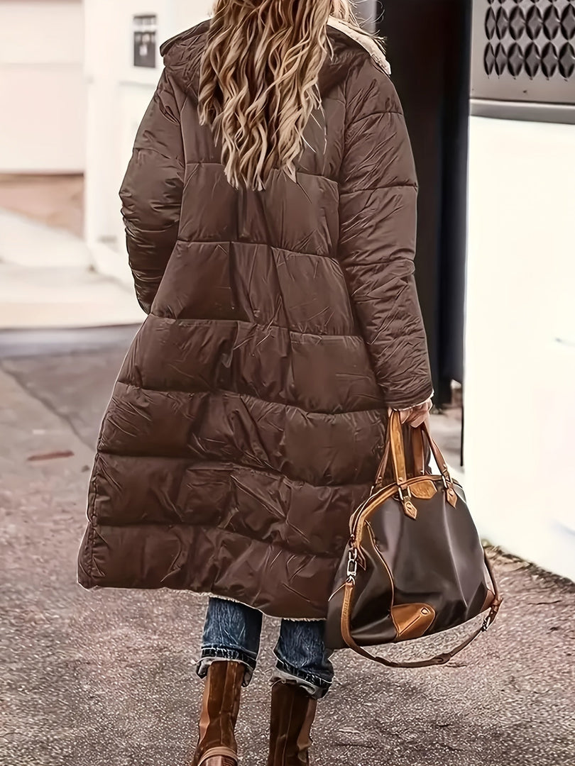 Women's long teddy lined puffer coat in brown – back view