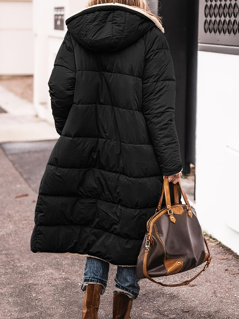 Women's long teddy lined puffer coat in black – back view