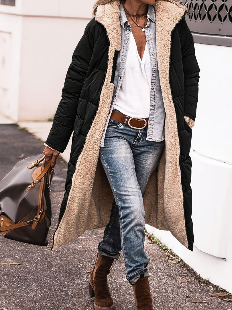 Women's Long Teddy Lined Puffer Coat in black