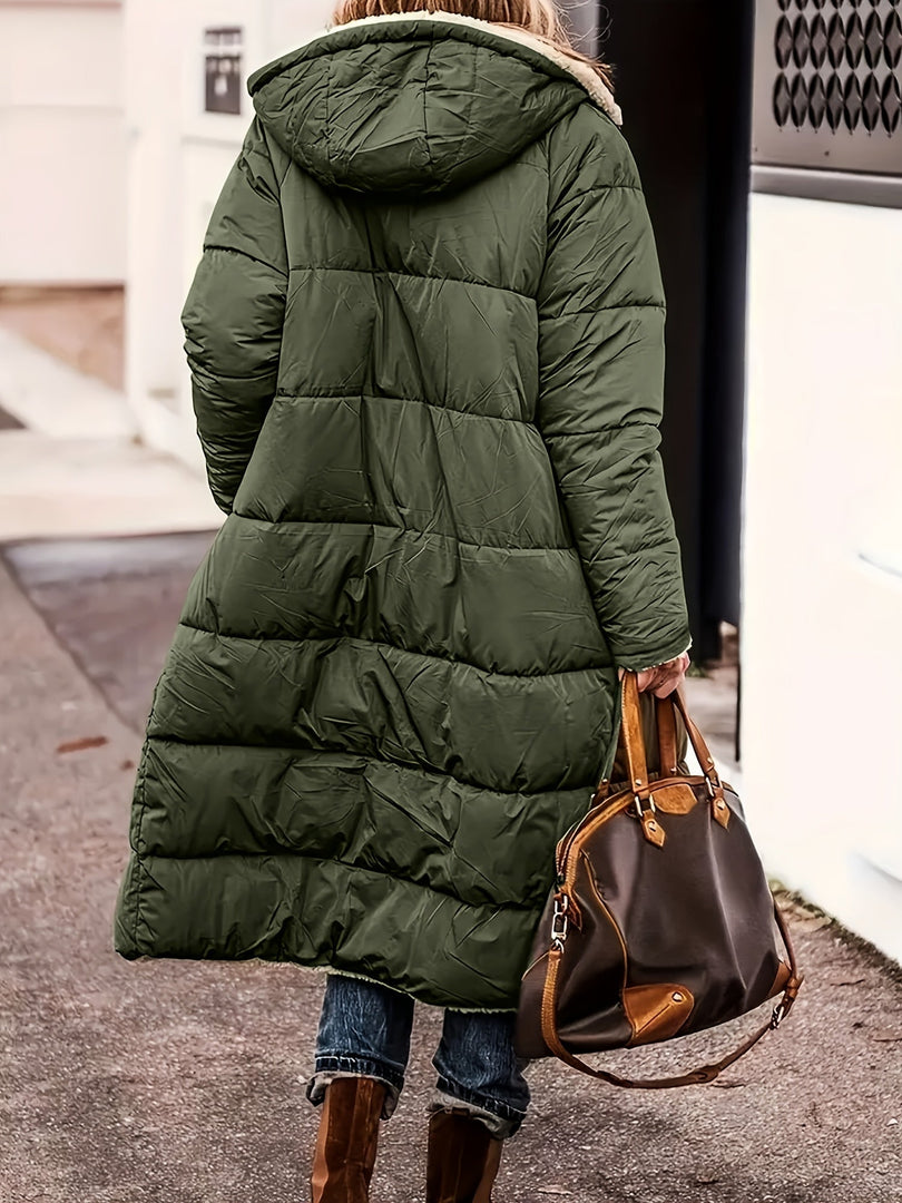 Women's long teddy lined puffer coat in green – back view