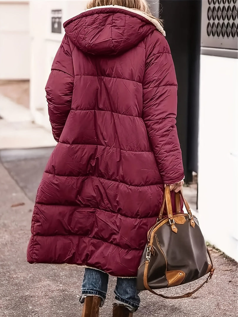 Women's long teddy lined puffer coat in burgundy – back view