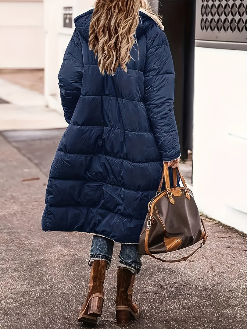 Women's long teddy lined puffer coat in navy – back view