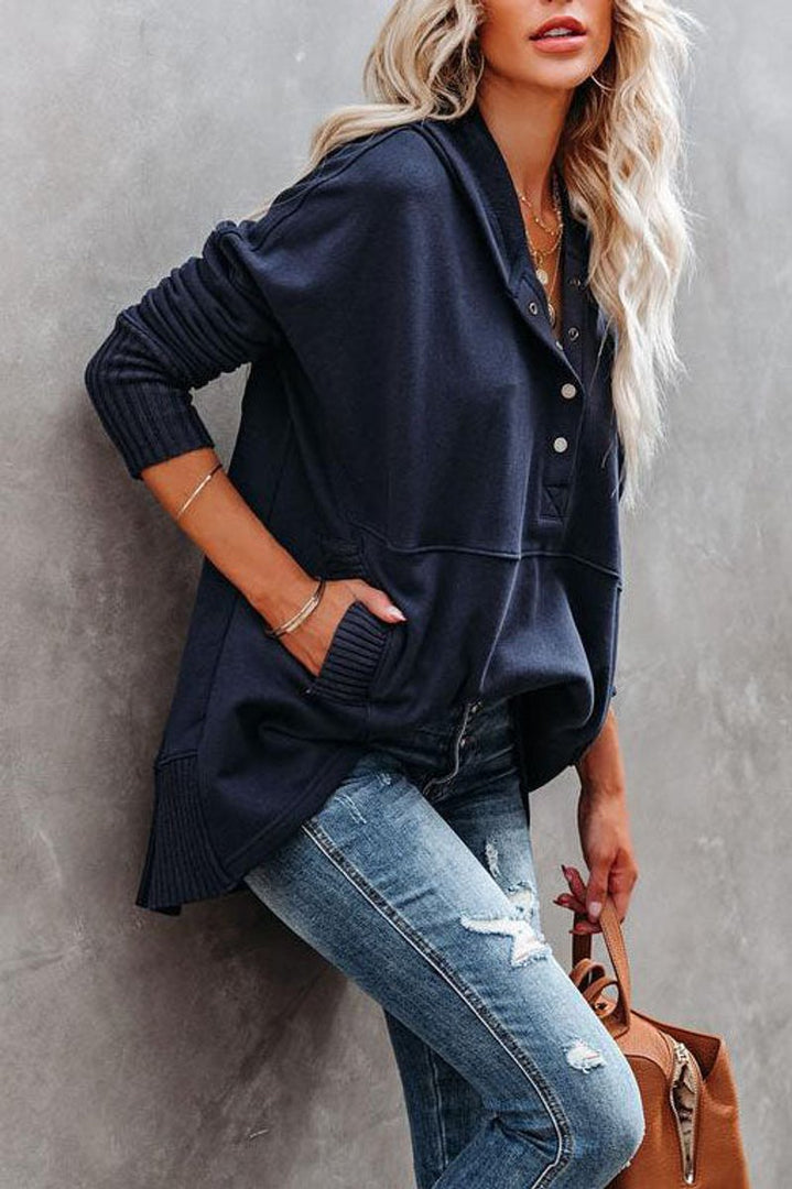 Women's long hooded sweatshirt in navy – side view