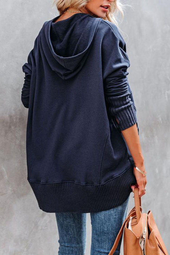 Women's long hooded sweatshirt in navy – back view