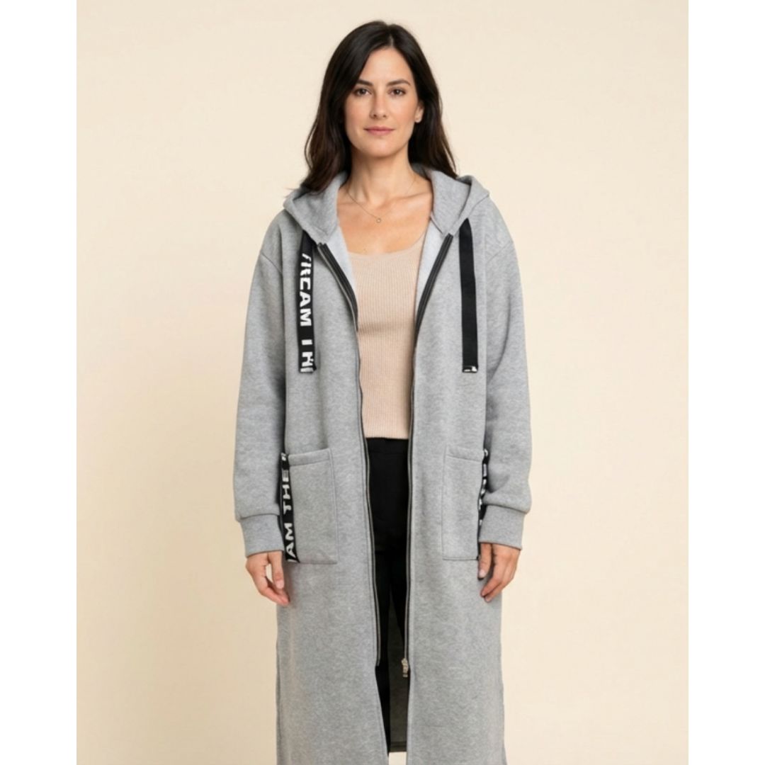 Women's long hooded zip jacket in grey, front view