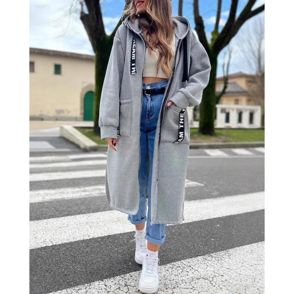Women's long hooded zip jacket in grey
