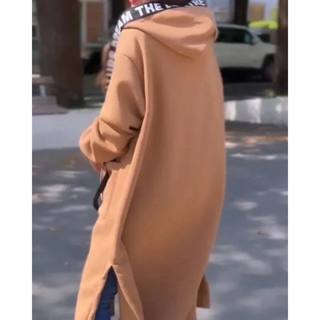 Women's long hooded zip jacket in brown, back view