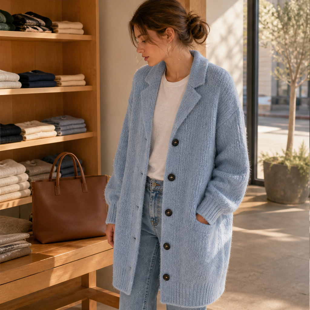 Women's long chunky knit cardigan in light blue – in a shop