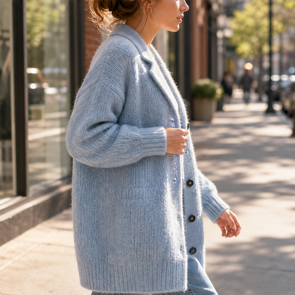 Women's long chunky knit cardigan in light blue – street look