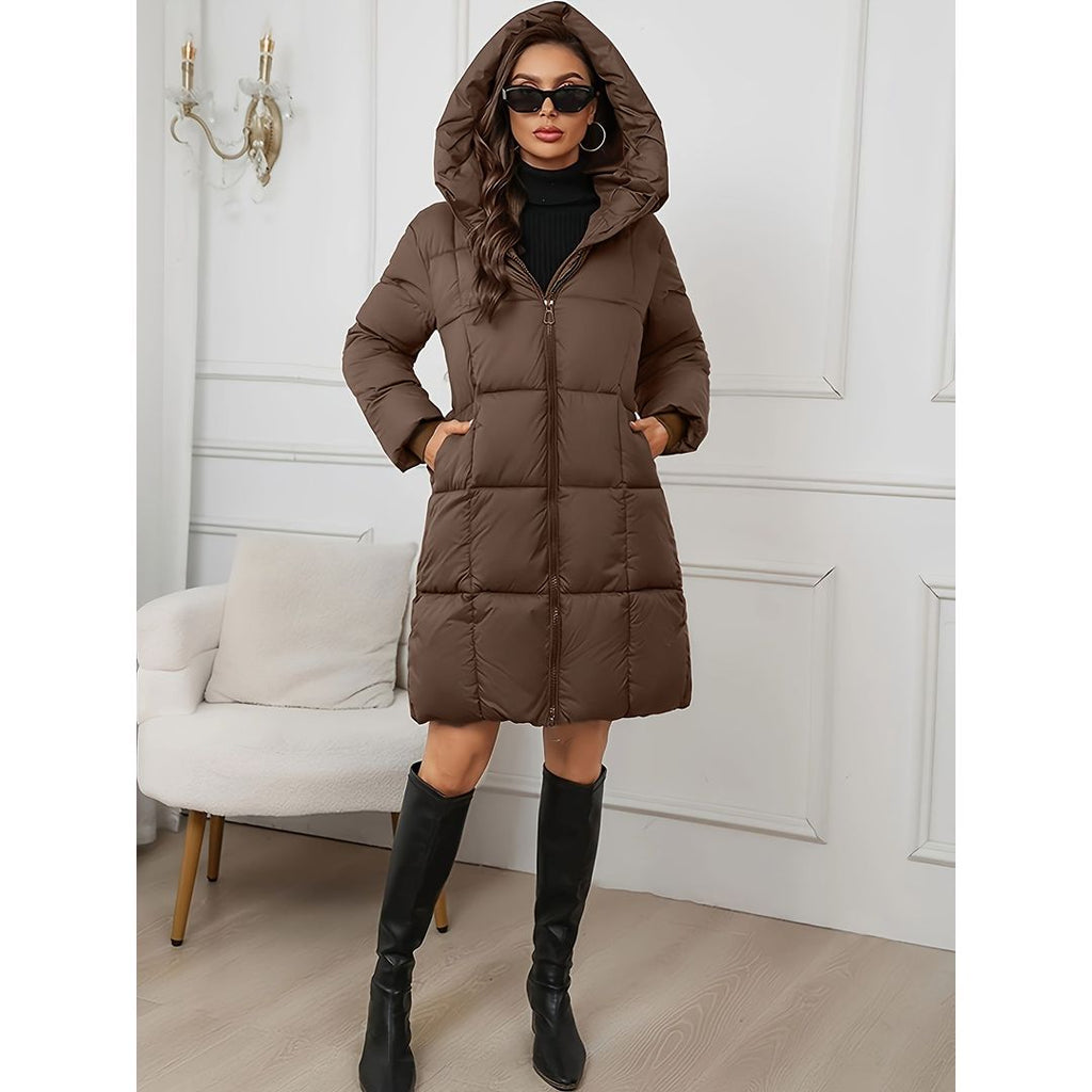 Women's long puffer coat with hood in brown, full look