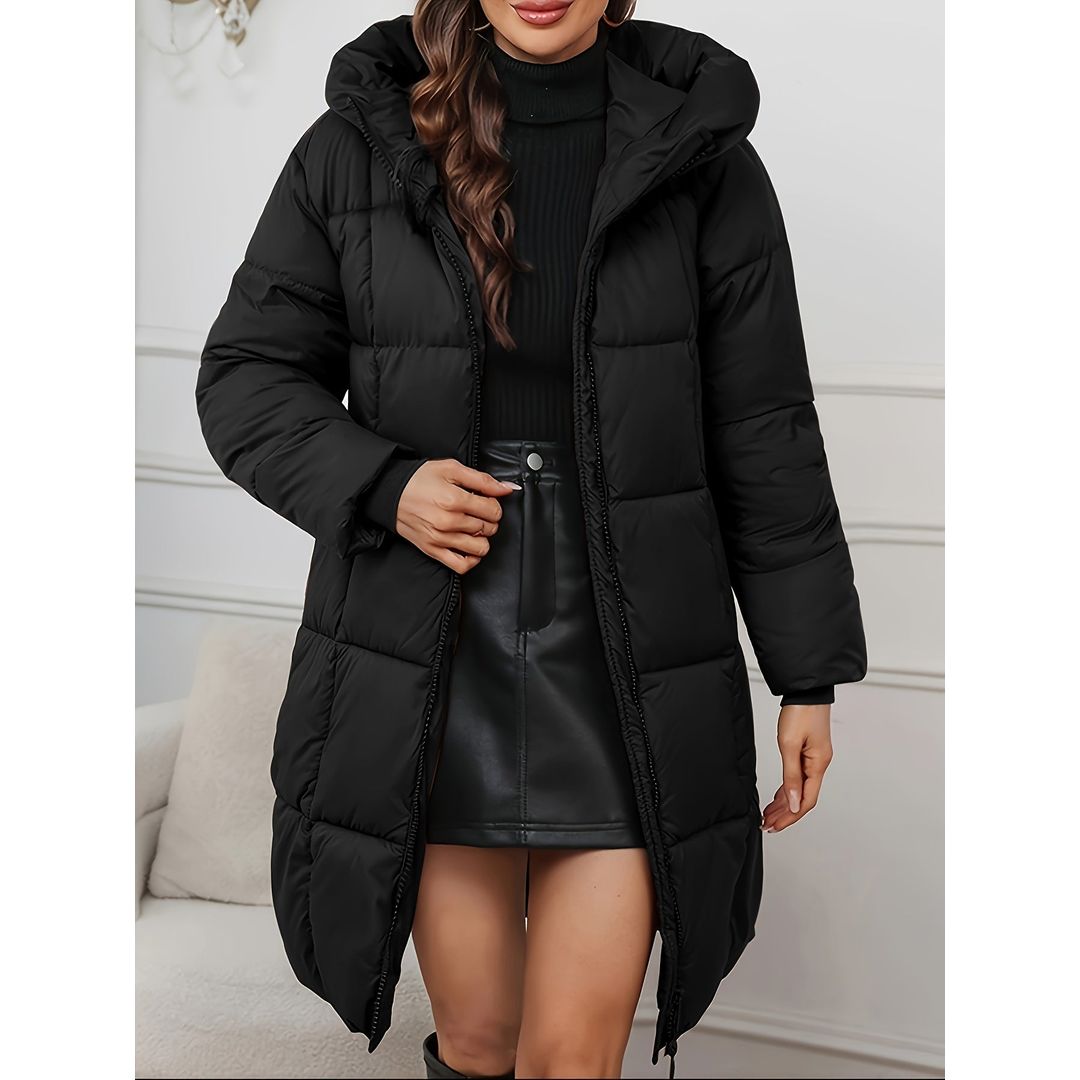 Women's long puffer coat with hood in black, front view