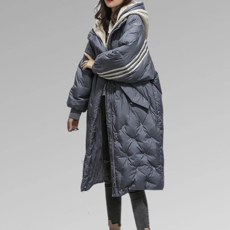 Women's Long Stripe Detail Quilted Coat in slate blue