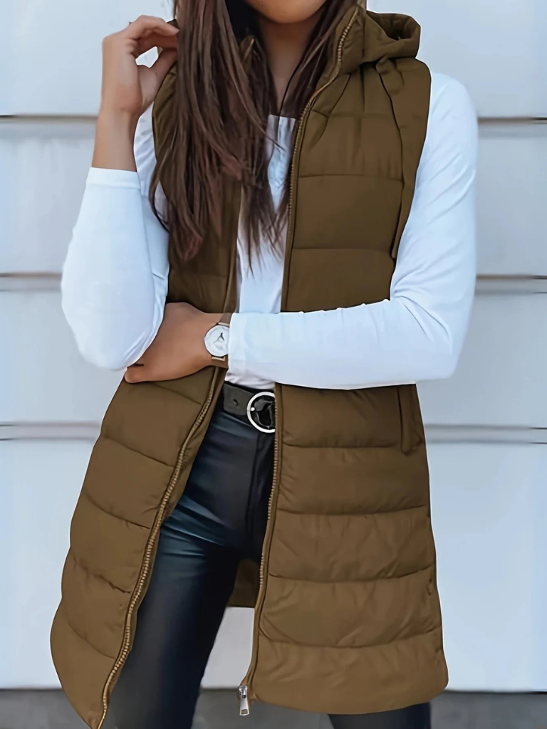 Women's Long Drawstring Hood Gilet in brown