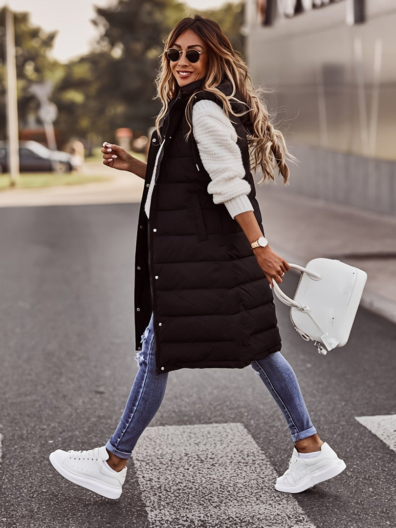 Women's long quilted hooded gilet in black – side view